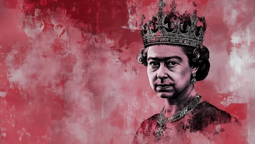Royal portrait against abstract crimson textured field.