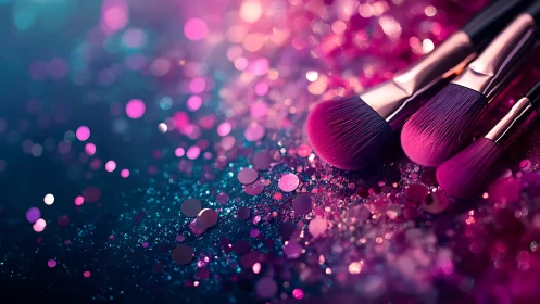 Macro study of makeup brushes on glittered surface with bokeh light