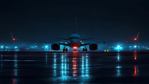 Passenger jet waits on wet runway under blue night lights
