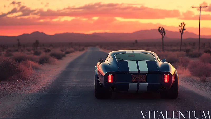 Sports coupe on desert highway at sunset under clouds.