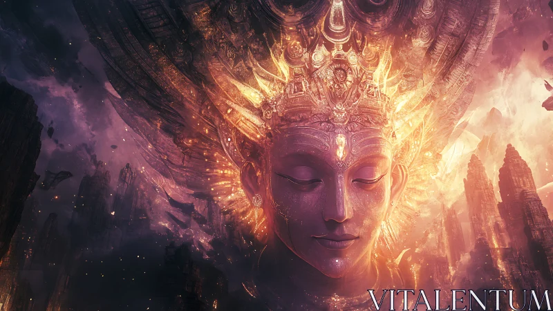 Celestial deity face unfolding within radiant cosmic ruins.