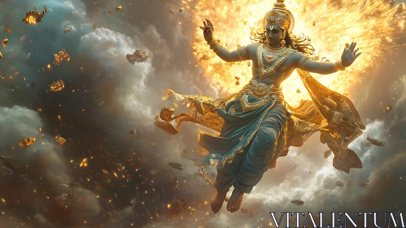 Celestial deity strides through glowing cosmic storm in gold