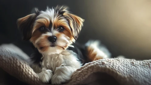 Small tricolor puppy resting on textured blanket indoors.