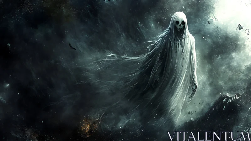 Wraith specter drifts through stormlit cosmic void