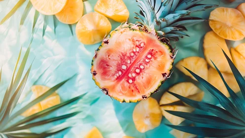 Vibrant sliced pineapple floats in a playful tropical pool scene