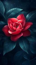 Luminescent crimson rose rendered with volumetric subsurface scattering against nocturnal celestial 