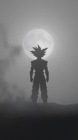 Silhouetted spiky haired fighter stands against full moon backlight