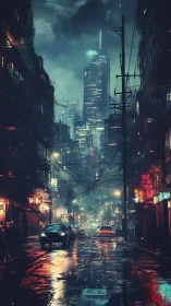 Rain-soaked cyberpunk street reflects neon city skyline
