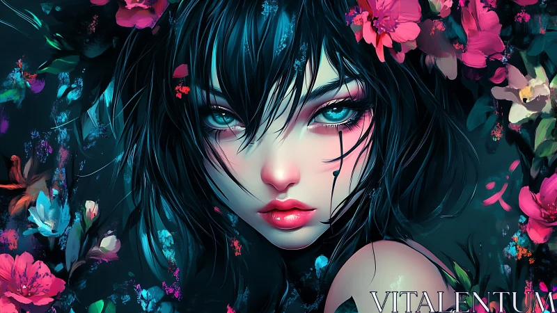 Neon-lit anime portrait merges floral abstraction and noir beauty