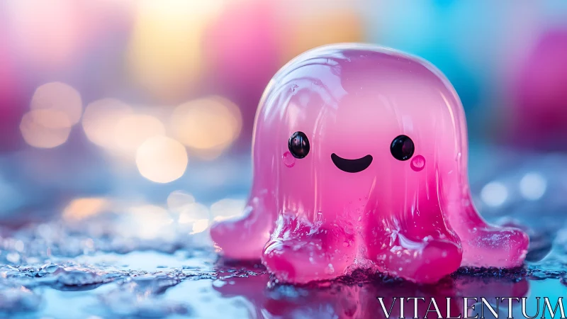 Translucent pink jelly cephalopod with bokeh illumination.