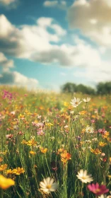 Sun-drenched wildflower choir under drifting storybook clouds.