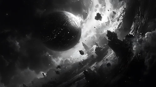 Silent metal moon drifting through shattered starlight.