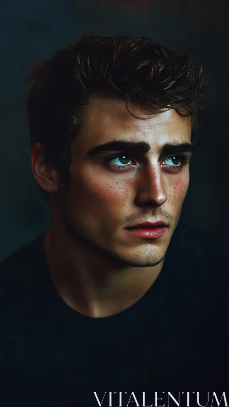 Storm-lit gaze of a brooding young man in rich chiaroscuro.
