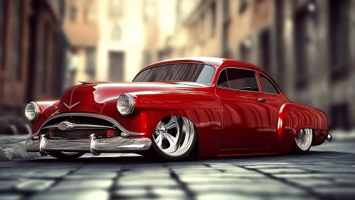 Photorealistic lowrider coupe in cinematic urban streetscape.