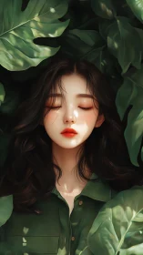 Serene woman resting in lush tropical foliage portrait.