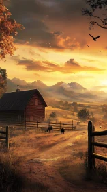 Sunlit rural farm road under golden mountain sunset.