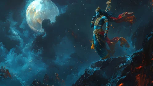 Celestial blue deity strides across volcanic night sky.