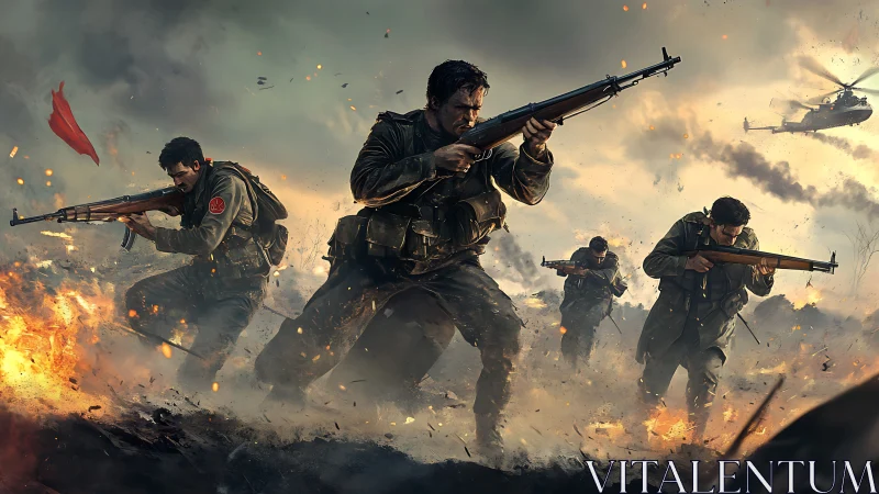 Four embattled soldiers carve a blazing path through chaos