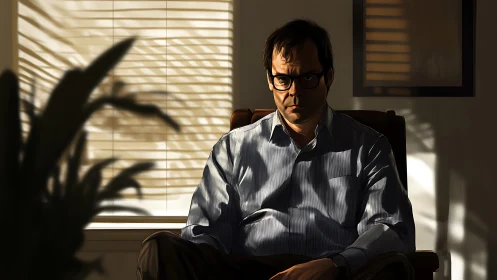 Man in glasses sits in shadowed room lit by window blinds