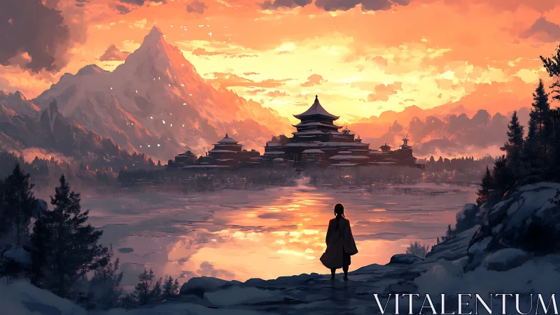 Lone pilgrim watching a firelit mountain temple at dusk.