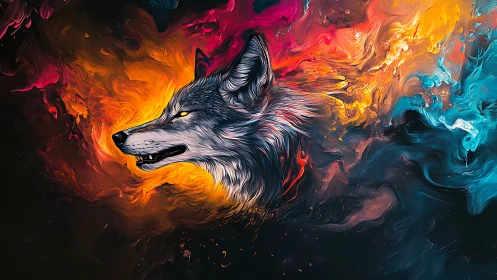 Wolf head emerges through swirling fire and ice nebula