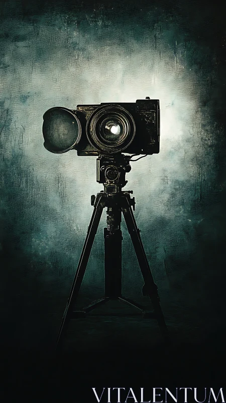 Vintage field camera stands against textured teal backdrop