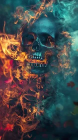 Flaming metallic skull emerges through teal vapor and embers