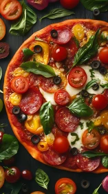 Gourmet pepperoni pizza with basil, cherry tomatoes, olives.