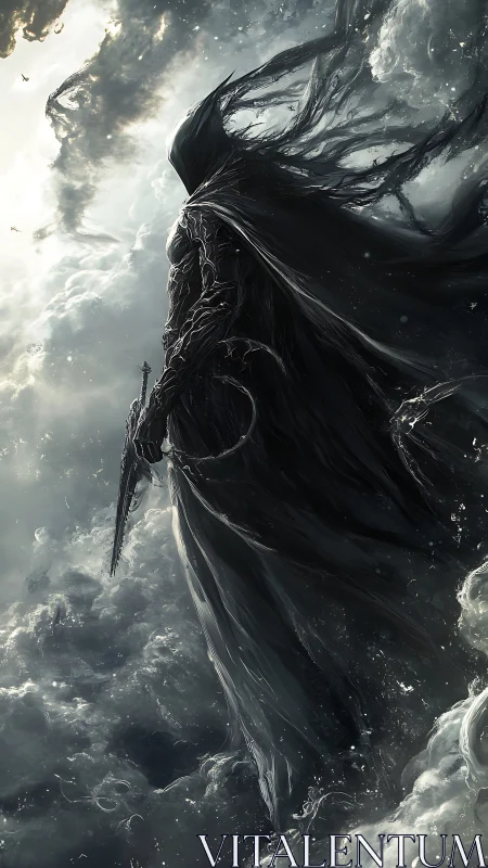 Shadowed reaper ascends through storm-torn celestial clouds.