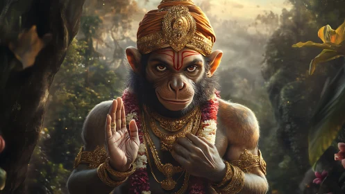 Divine monkey deity offers blessing in lush forest light.