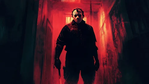 Masked slasher stands in blood red hallway holding knife