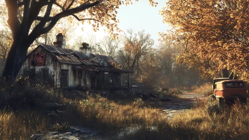 Rundown rural house and rusted van in autumn woodland.
