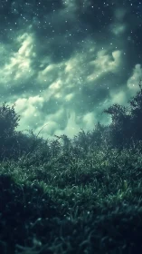 Moonlit meadow under glowing star-streaked night sky.