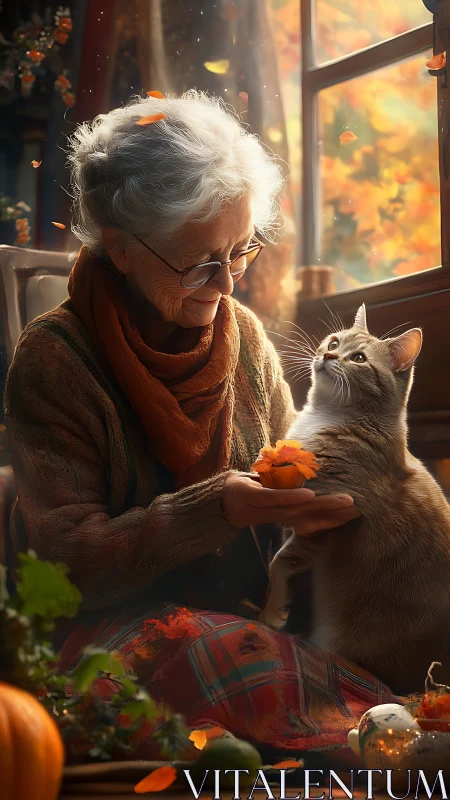 An elderly woman shares a warm autumn moment with her beloved cat by the window