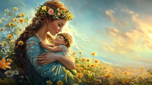 Mother and child embrace in a glowing wildflower meadow.