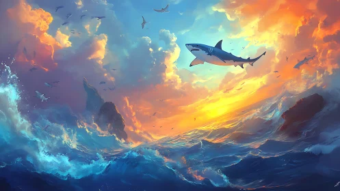 Soaring shark over a glowing sunset sea of wild color.