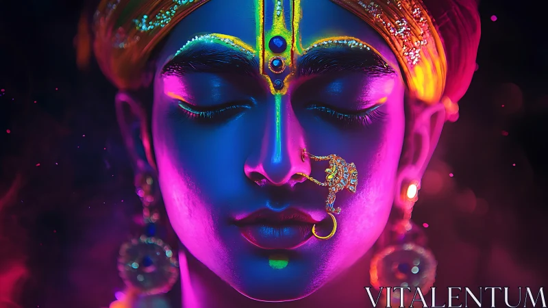 Neon-lit divine portrait with glowing jewelry and calm face.