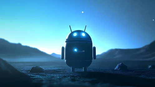 Robot mascot stands on blue alien landscape at night.