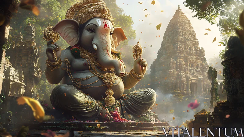 Majestic Ganesha statue dominates sunlit jungle temple courtyard