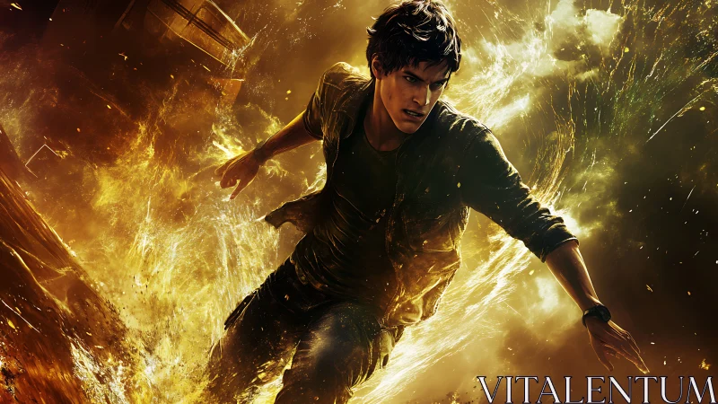Dynamic male hero running through fiery golden energy.
