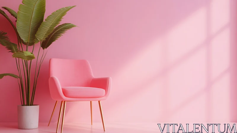Pink accent lounge chair with tropical plant and soft shadows.
