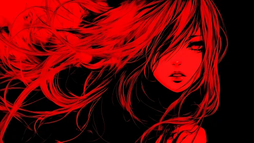 Crimson storm muse with untamed neon hair and quiet fire.