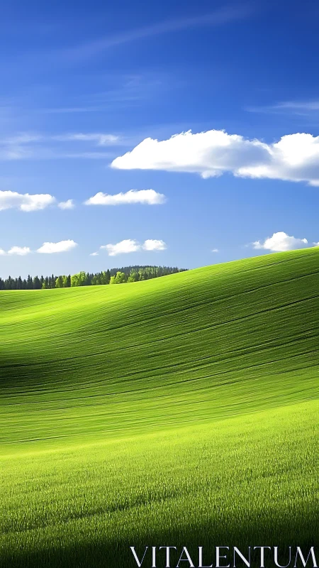 Rolling green hillside beneath vivid blue summer sky.