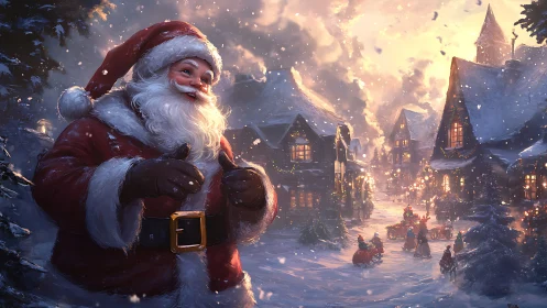Santa Claus delights in a glowing snowy Christmas village.