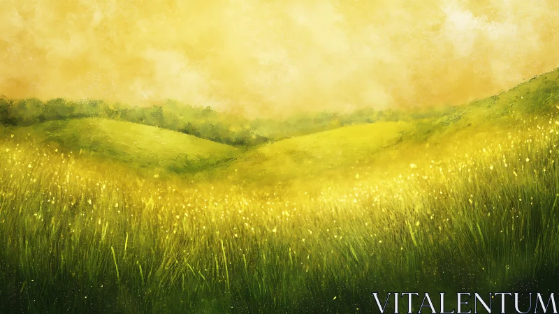 Golden meadow panorama with atmospheric perspective rendering.