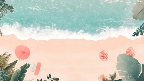 Overhead Beach Scene with Parasols, Foliage, and Turquoise Waterline