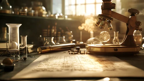 Golden-hour alchemy lab where vintage science quietly glows.