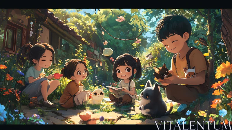 Children sitting in garden with animals and illustrated book.
