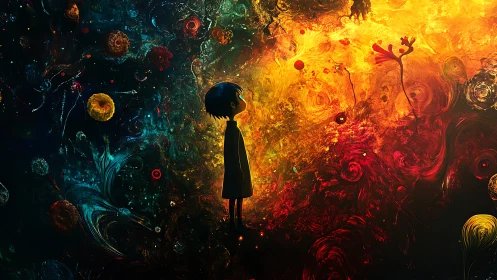 Child silhouette between nebular void and incandescent bloom