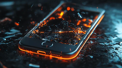 Molten backlit smartphone with shattered glass and glowing edges